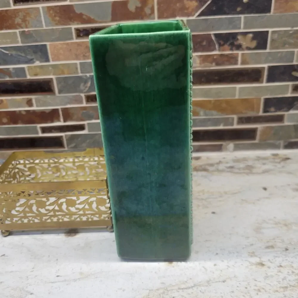 Vintage Mid Century Green Ceramic Vase Gold Metal Pierced Stand Art Deco MCM